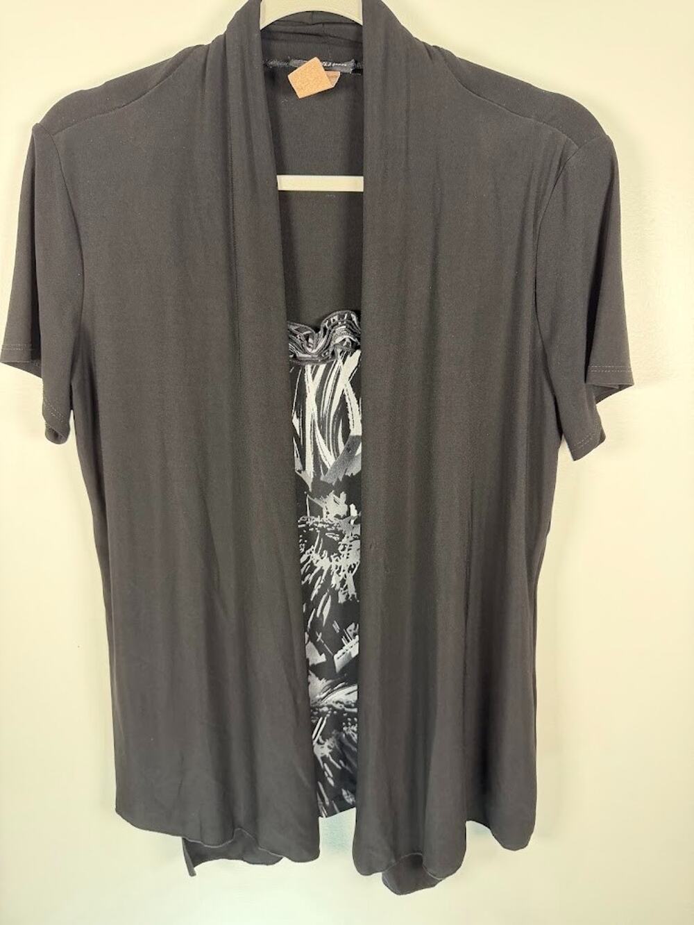 Perseption Concept Womens Large Black Layered Look Top Abstract Print Open Front
